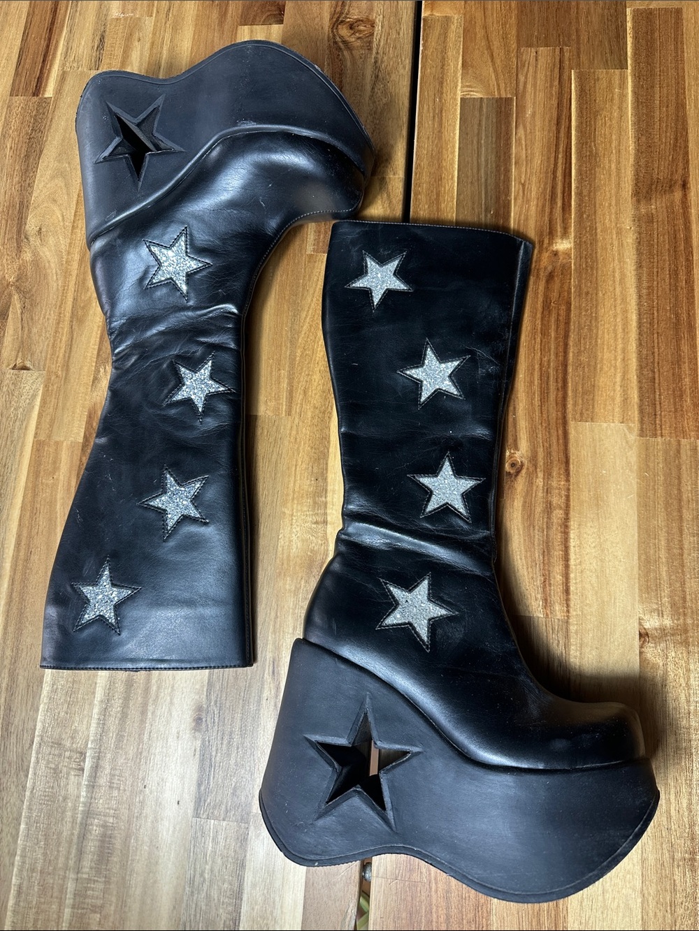 Demonia Black Platform Knee Boots with Silver Star Accents